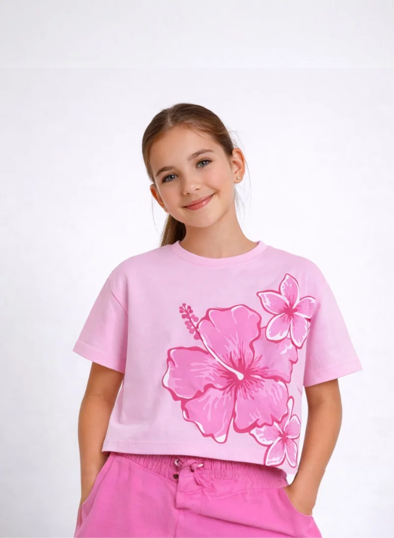 victor and jane Girls 2 Pc Set Floral Print Top & Barrel Pants Set – Light Pink & Pink